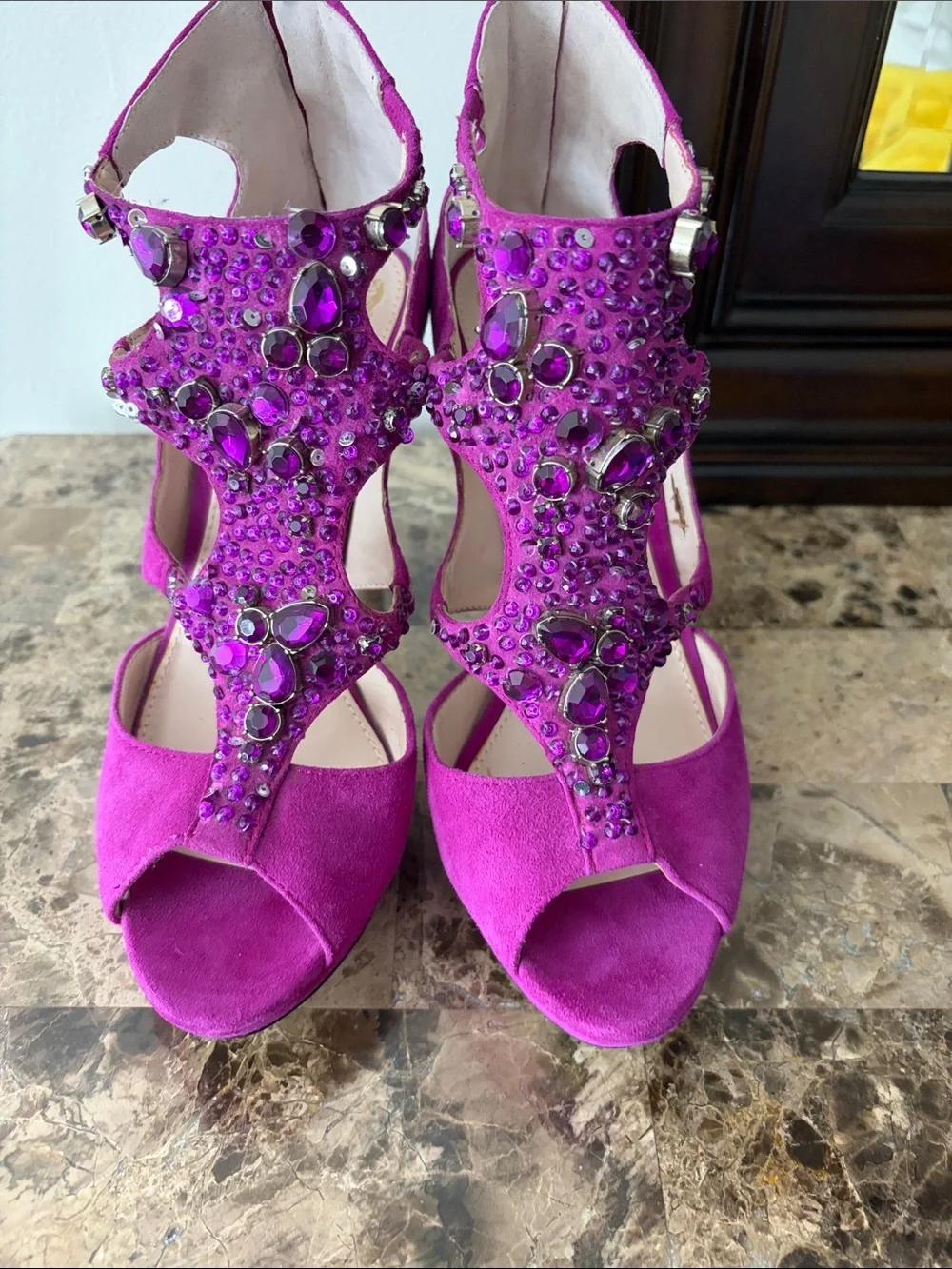 Vince Camuto Fuchsia Jeweled Suede High Heel Sandals